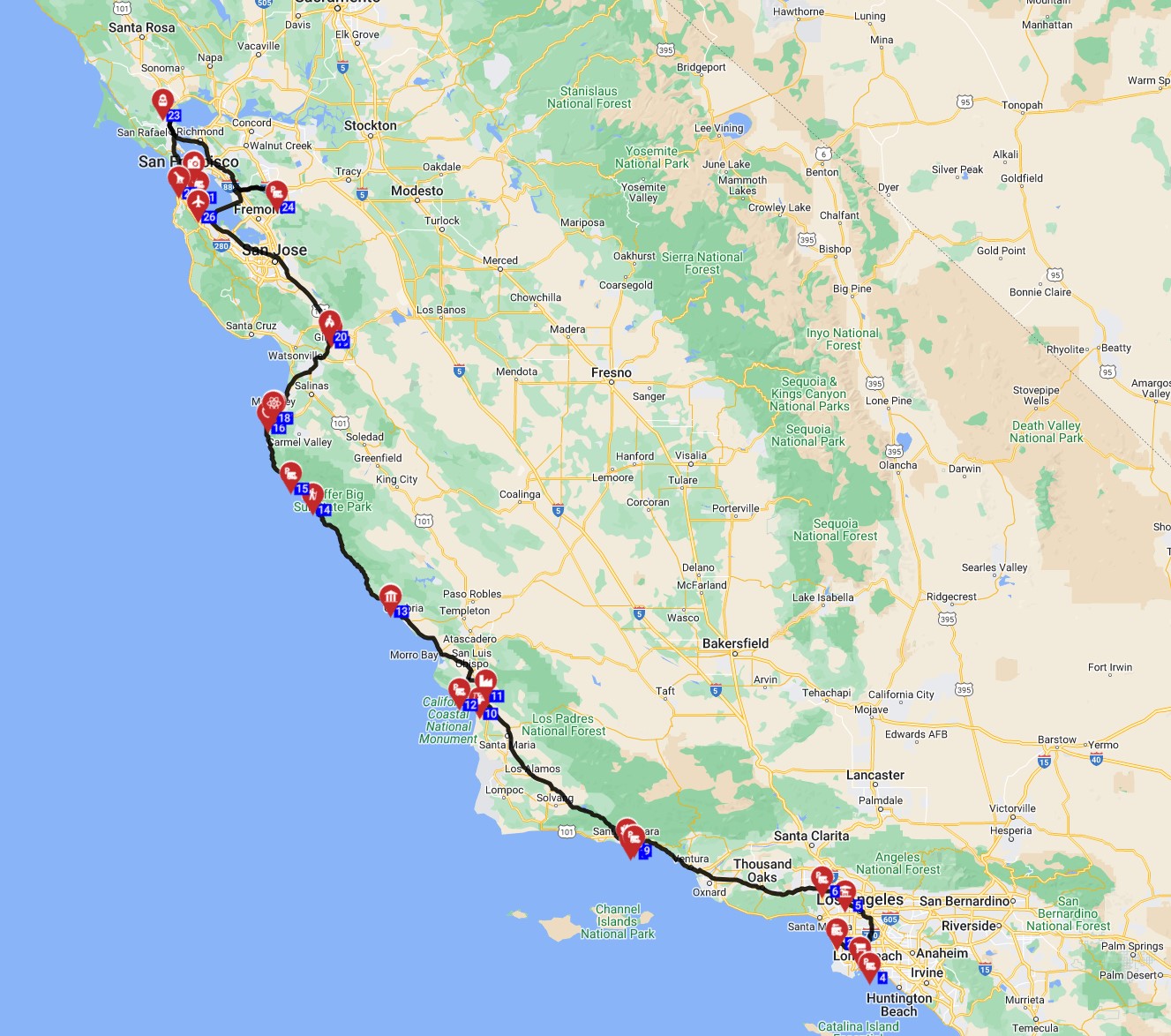 USA RV  journey from Los Angeles to San Francisco via Road No. 1